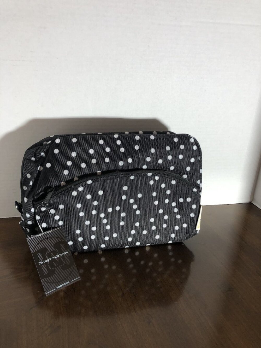B & C Cosmetic Bag In Black With Polka Dots 10” x 7” x 3”